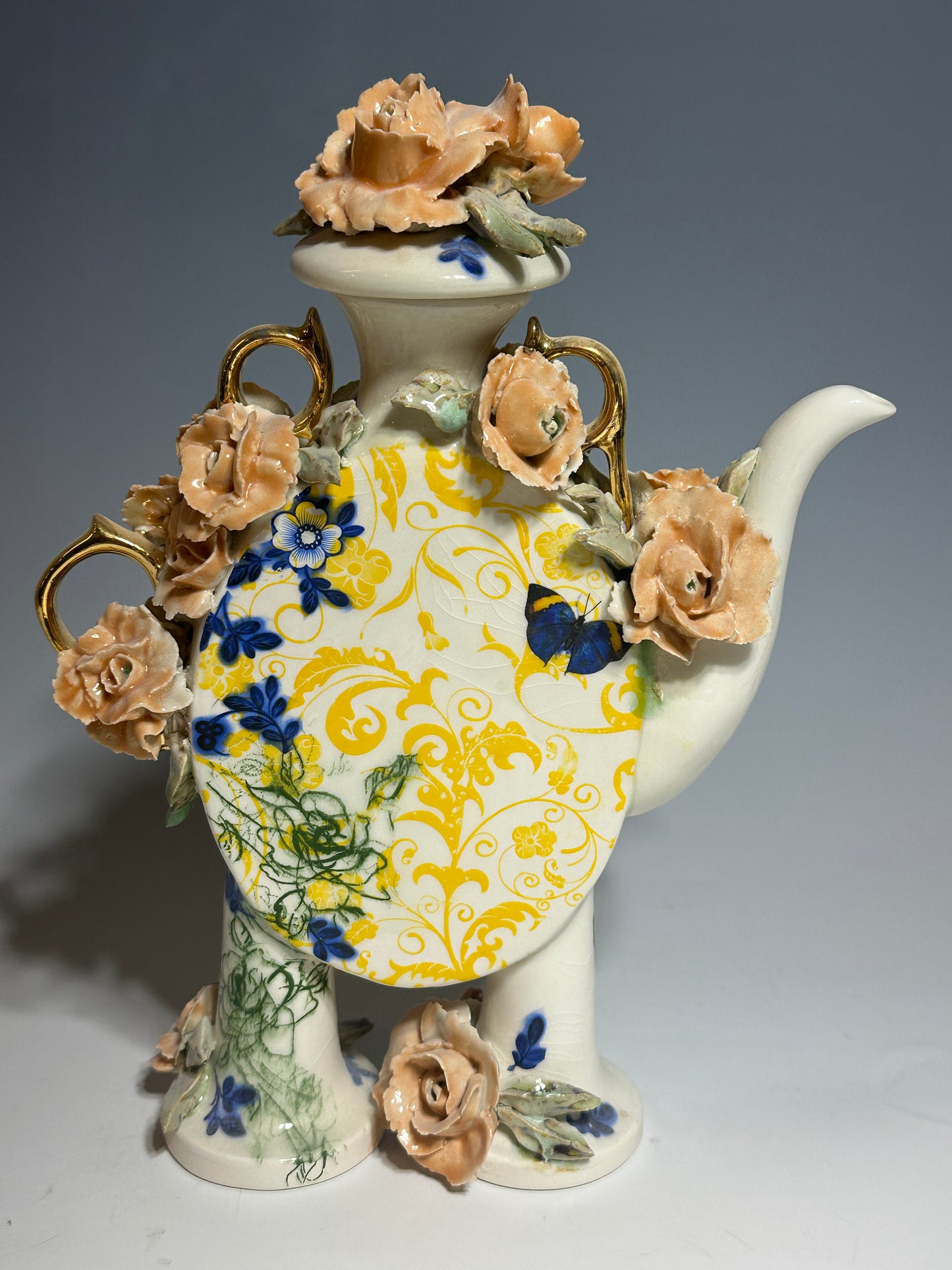 Peach Roses and Blue Butterflies Porcelain Teapot