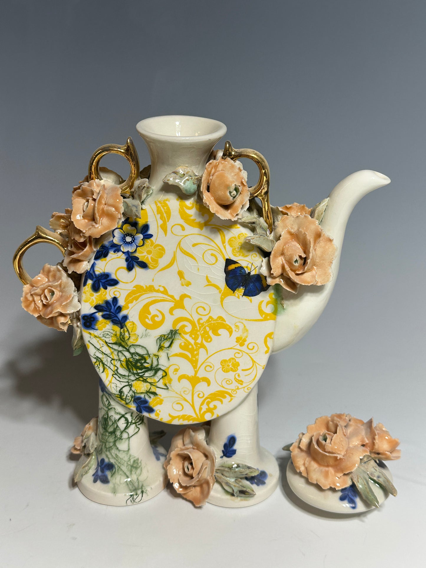 Peach Roses and Blue Butterflies Porcelain Teapot