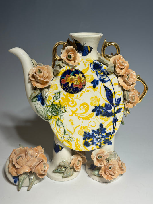 Peach Roses and Blue Butterflies Porcelain Teapot