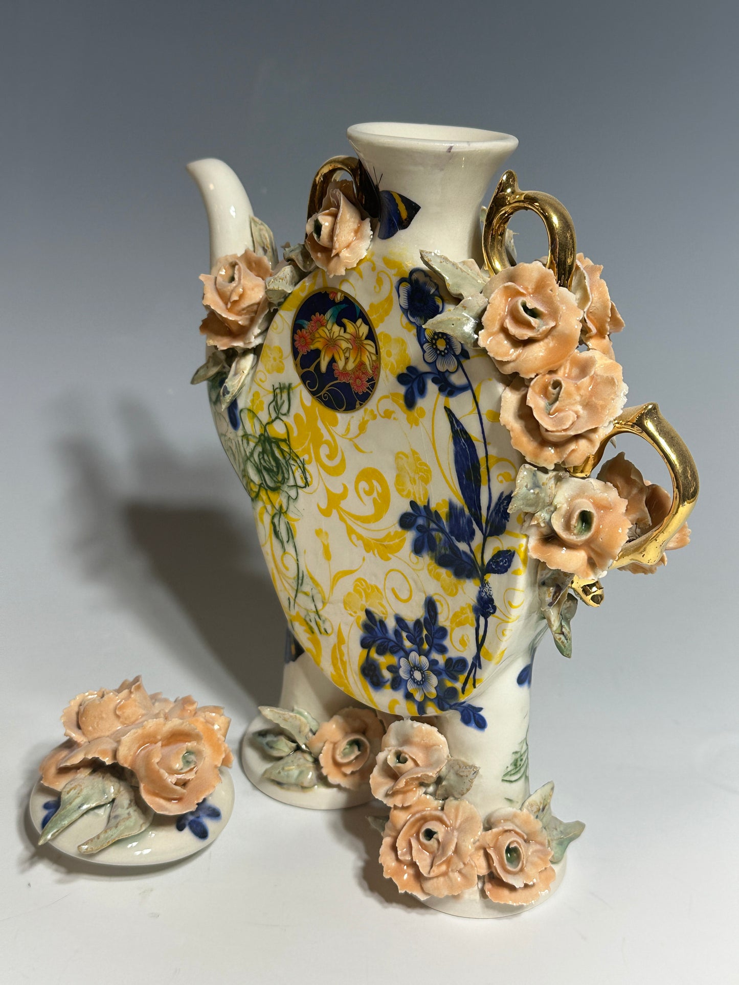 Peach Roses and Blue Butterflies Porcelain Teapot