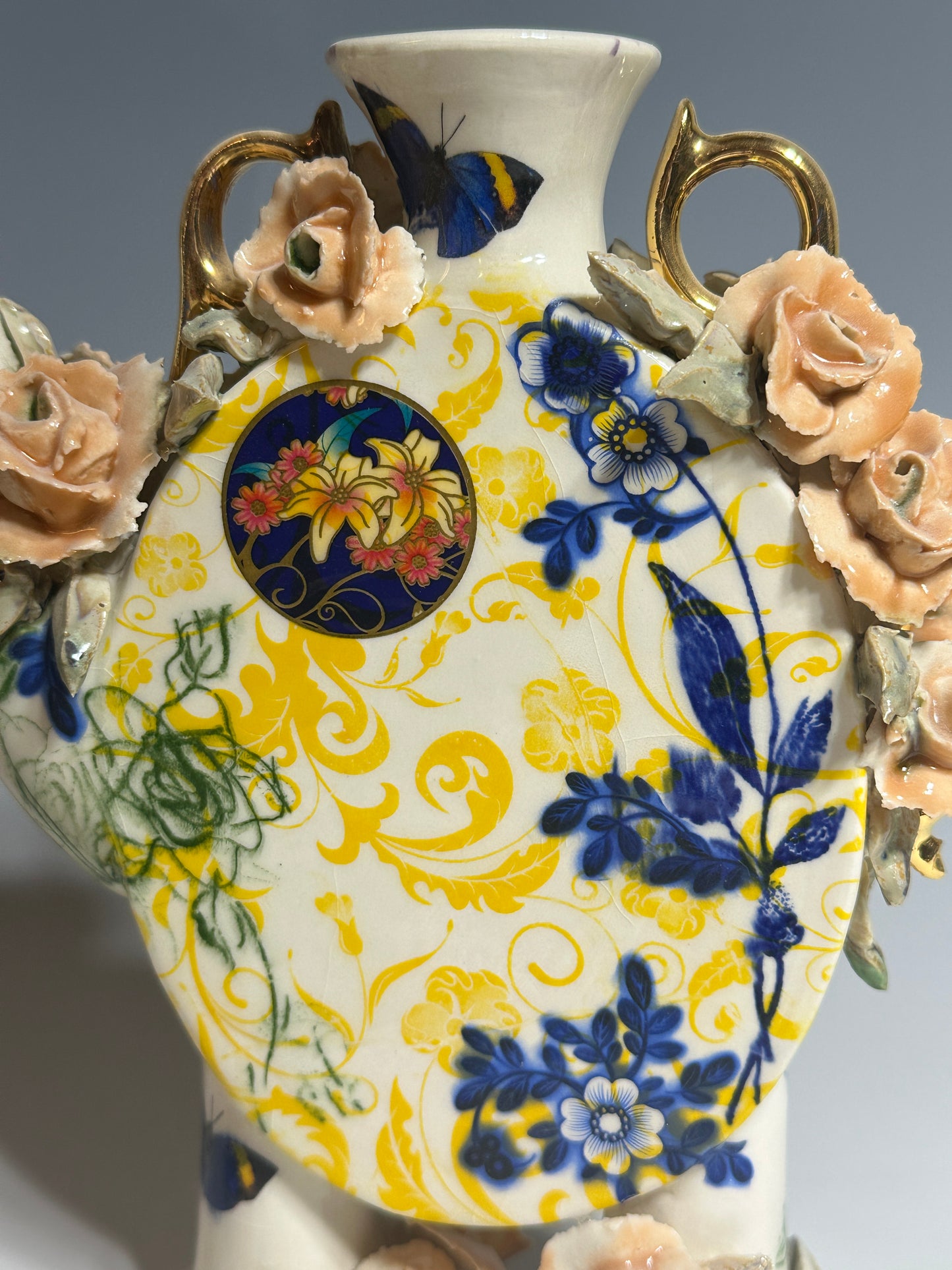 Peach Roses and Blue Butterflies Porcelain Teapot